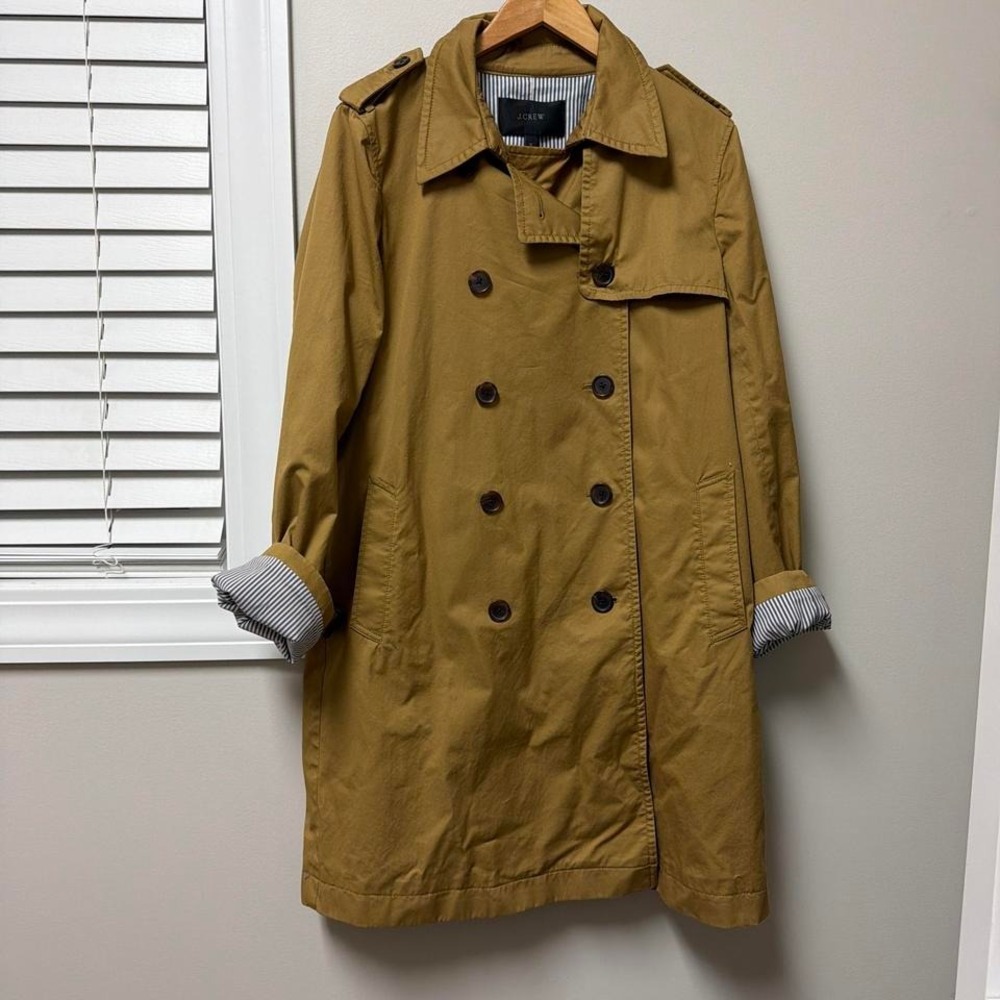 J Crew Trench Coat Women's 12 Mustard Yellow Double Breasted Striped Old Money